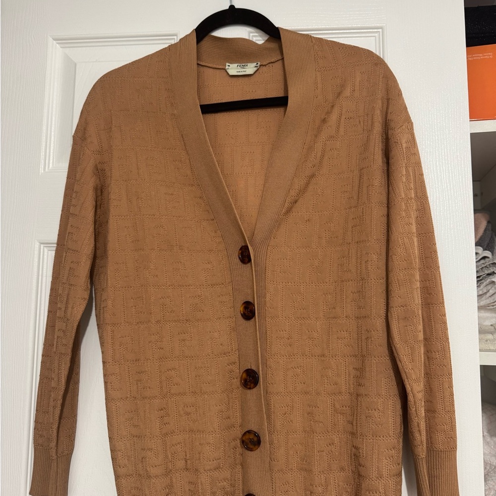 100% Authentic Fendi Logo Tan Button-Up Cardigan in Good Condition.  Size 38 S-M